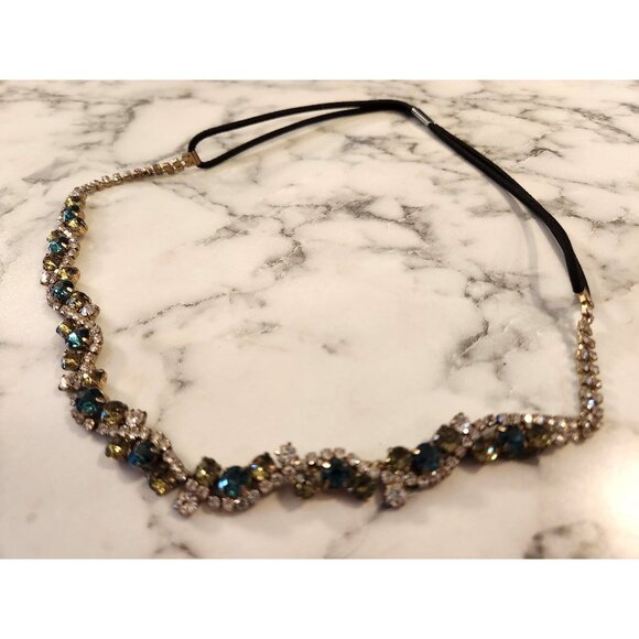Vintage Crystal Rhinestone Headband With Black Elastic Strap - Picture 4 of 5